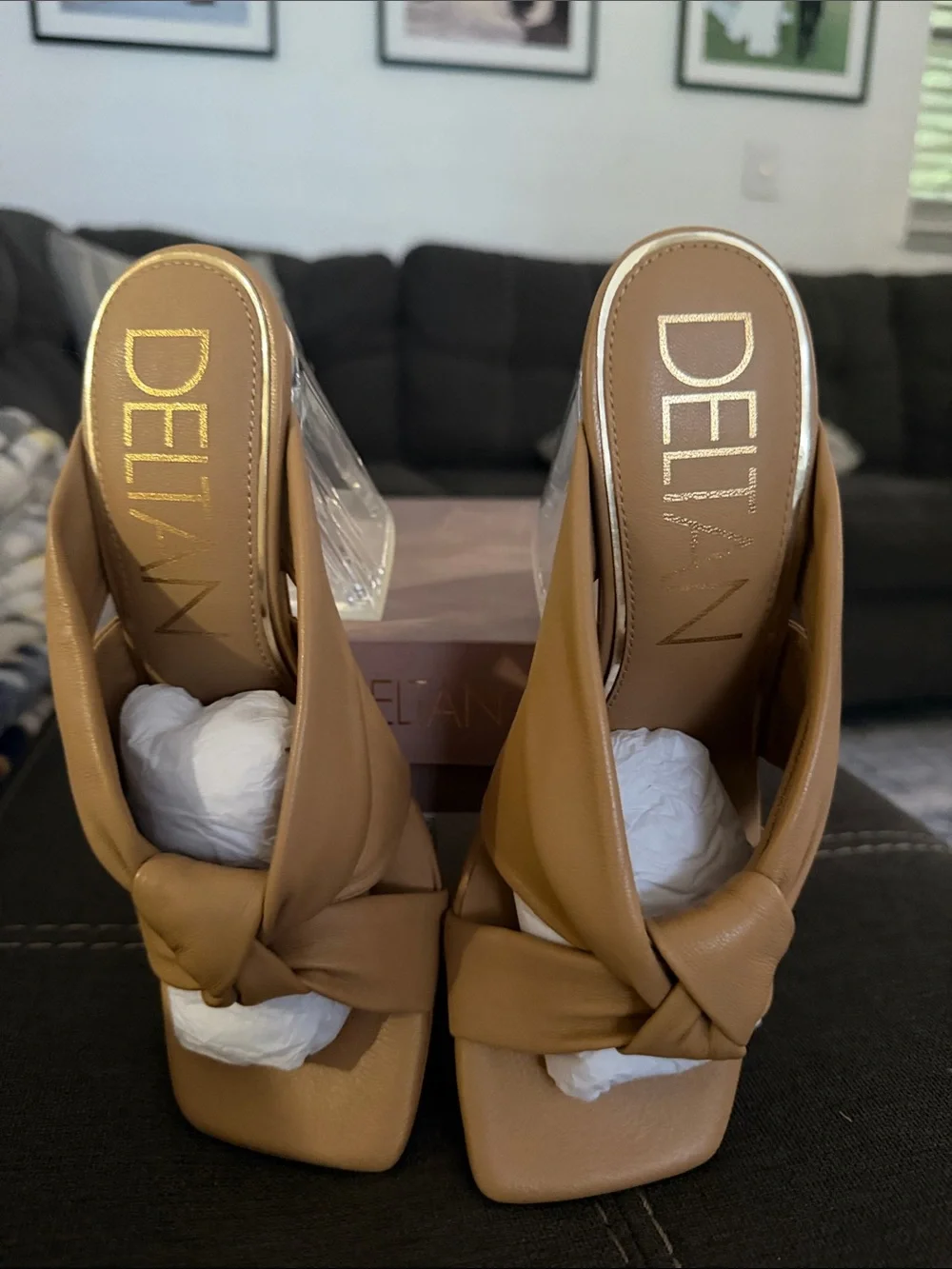 Deltan Tan Knotted Slide Heel with Clear Block